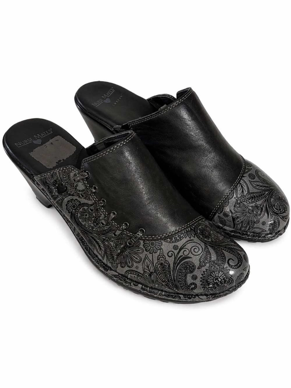 Nurse Mates Bryar Clogs Women’s 9M Black Leather Paisley Slip-Resistant - Picture 2 of 5